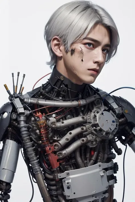 Masterpiece, illustration,8K wallpaper, super detailed,portrait,(full body),((damaged)),dissection,
(1boy:1.5),(solo),(Machine),white hair,Medium breasts,Beautiful detailed red eyes,(Mechanical (heart)),(Dirty face:1.3),
(Wire),(Transmission tube),
dissection, with internal mechanical parts exposed from the injury and short circuit,indicate,suffering heavy damage to her body and waist, dissection, with internal mechanical parts exposed from the injury and short circuit,indicate,(in Assemble:1.3),
(white background: 1.8),natural light, light tracing
<lora:None-01:0.66>, masterpiece, best quality,