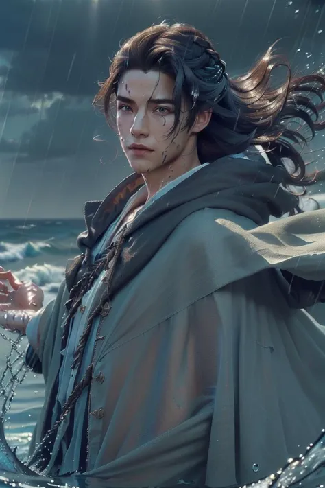 (1boy:1.5),(skindentation:1.5), Realistic, (masterpiece:1.5), concept art, intricate details, highly detailed, dynamic pose, highres, (hyperrealistic:1.1), ((full_body)), perfect eyes, (shiny skin:1.2), (((hairstyle))), (((perfect hands))), (extremely detailed background), ((dynamic background)), ((lightning)), (light rays), wearing cloak, (((flowing cloak))), ((detailed eyes, high quality eyes, high quality face)), long hair, (((flowing hairstyle))), (((whirlwind of water))), ocean, (dramatic), epic, ((raining))<lora:asianman-000002:0.7>, Photorealistic, photorealistic, unreal engine, 8k, best quality, 4k