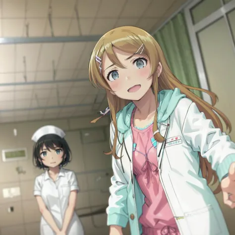 <lora:lambda-000090:0.25>, best quality, ultra fine, <lora:keeplisten:1.1>, 2girls, BREAK, girl, nurse cap, nurse costume, black eyes, short black hair, BREAK, <lora:kirino:1> , solo, kirino kousaka, lab coat,