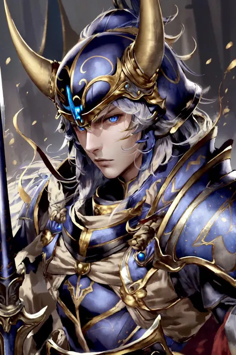 masterpiece, best quality, 1boy, solo, WarriorOfLight <lora:WarriorOfLightV1:0.9>, (portrait, close-up) blue armor, gold trim, horned helmet, cape, holding sword and shield, looking at viewer
