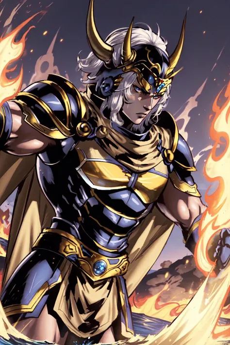 masterpiece, best quality, comic style, thick outline, 1boy, solo, WarriorOfLight <lora:WarriorOfLightV1:0.9>, white hair, blue armor, gold trim, horned helmet , cape, abstract background, magic circle, outstretched arms, water fire earth wind background