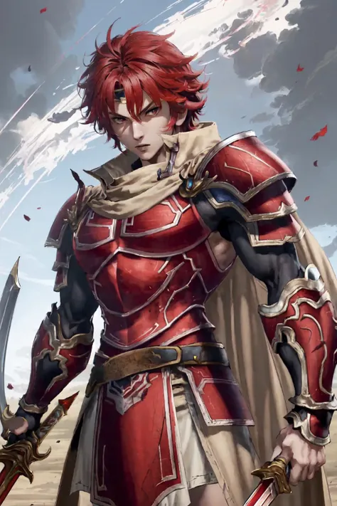 masterpiece, best quality, 1boy, solo, WarriorOfLight <lora:WarriorOfLightV1:0.9>,red armor, white trim, cape, holding sword, looking at viewer, action scene, dynamic pose