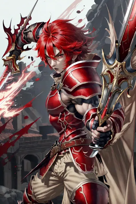 masterpiece, best quality, 1boy, solo, WarriorOfLight <lora:WarriorOfLightV1:0.9>,red armor, white trim, cape, holding sword, looking at viewer, (action scene, dynamic pose, slashing) from side
