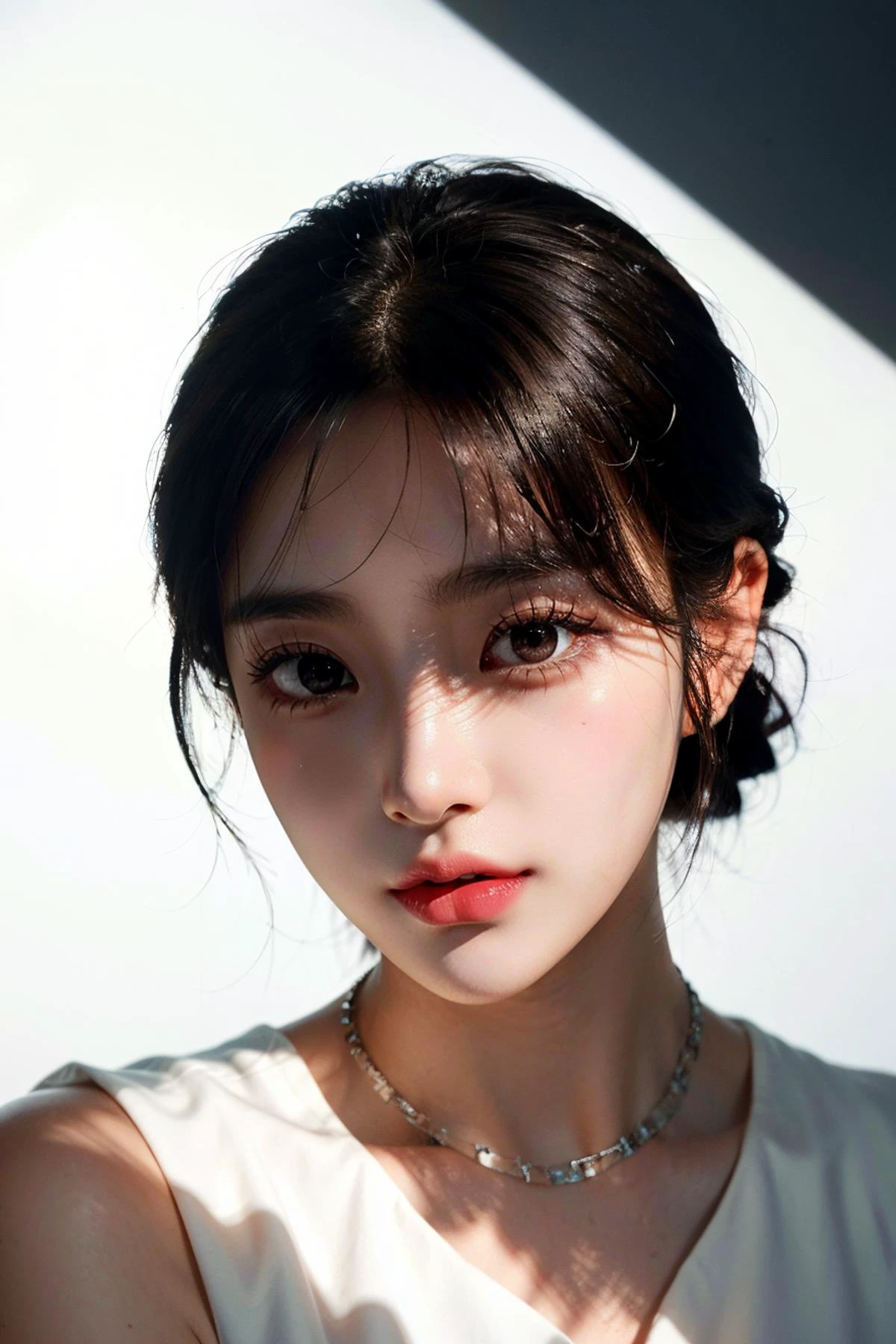 masterpiece, best quality, (realistic, photo-realistic:1.4), (RAW photo:1.2), extremely detailed CG unity 8k wallpaper, an extremely delicate and beautiful, amazing, finely detail, official art, huge filesize, ultra-detailed, extremely detailed, beautiful detailed girl, extremely detailed eyes and face, beautiful detailed eyes, light on face, 1girl, (((dramatic lighting))), cute, looking at viewer, slim waist, kpop idol, aegyo sal, dark lighting, dramatic lighting, (masterpiece:1.2), (best_quality:1.4), (highres:1.1), (ultra-detailed:1.2), subsurface scattering, (sharp:0.7), amazing fine detail, Nikon D850 film stock photograph Kodak Portra 400 camera f1.6 lens, rich colors, lifelike texture, dramatic lighting, sidelighting, film grain, HDR, warm light, (hairband, maid:0.5), black short dress, (puffy sleeves:0.4), microdress, mini skirt, mini dress, jewelry, ((bokeh)), (film grain), cinematic, (tiara:0.5), (princess:0.25), frills, (black frilled dress, frilled sleeves:0.6), warm lighting, soft light, rim light, beautiful shadow, low key, (photorealistic, raw photo:1.2), (natural skin texture, realistic eye and face details), hyperrealism, (simple background, white background, white wall), monochromatic background, ((silhouette, spotlight, dark theme, cinematic lighting, lights)), <lora:spotlight:0.8>, closeup,