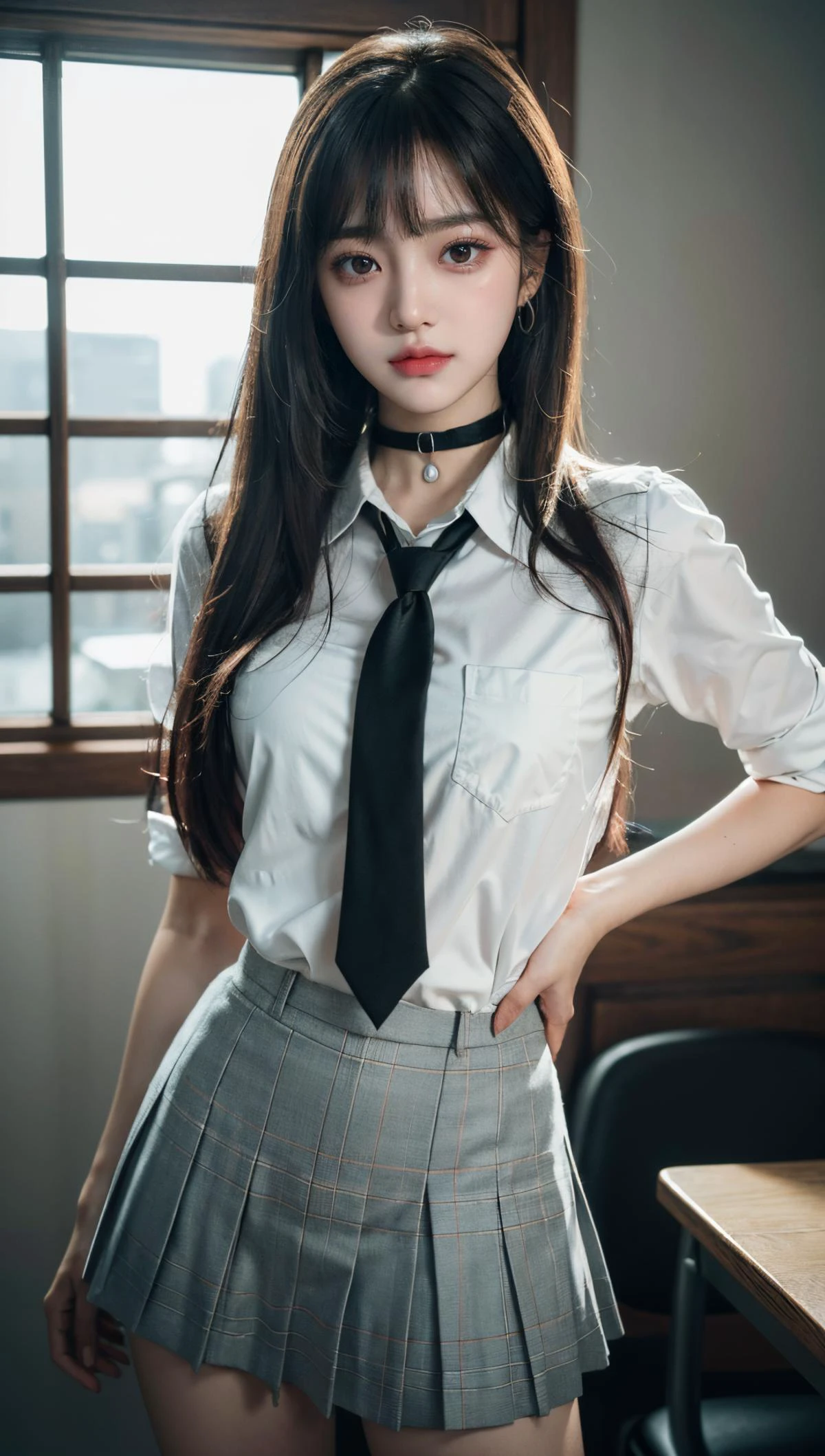 masterpiece, best quality, (realistic, photo-realistic:1.4), (RAW photo:1.2), extremely detailed CG unity 8k wallpaper, an extremely delicate and beautiful, amazing, finely detail, official art, huge filesize, ultra-detailed, extremely detailed, beautiful detailed girl, extremely detailed eyes and face, beautiful detailed eyes, light on face, nsfw, (((dramatic lighting))), cute, looking at viewer, slim waist, (kpop idol), (aegyo sal:1), bangs, dark lighting, dramatic lighting, dark room, night, nighttime, (masterpiece:1.2), (best_quality:1.4), (highres:1.1), (ultra-detailed:1.2), subsurface scattering, (sharp:0.7), amazing fine detail, Nikon D850 film stock photograph Kodak Portra 400 camera f1.6 lens, rich colors, lifelike texture, dramatic lighting, solo, (Polaroid dark tone low key film:1.1), (dynamic lighting), MARIN, , ((sidelighting, finely detailed beautiful eyes: 1.2)), sidelighting, ((finely detailed beautiful eyes: 1.2)), ultra-detailed, ultra high res, professional lighting, high quality makeup, beautiful detailed eyes, sexy, beautiful, big eyes, :1,((red eyes)), earrings, (barbell piercing), school uniform, collared shirt, black choker, necktie, skirt, 1girl, standing, grin, earrings, looking at viewer, black choker, necktie, skirt, classroom, (blonde hair), skinny, corneo_marin_kitagawa, <lora:kitagawa_marin_v1-1:1>