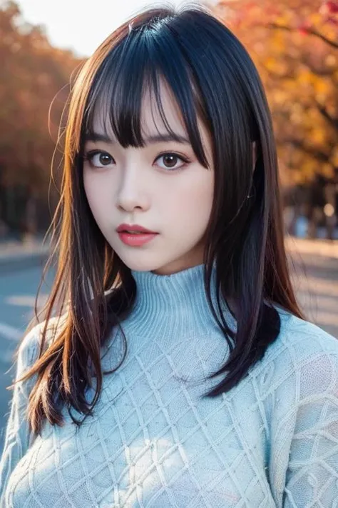 1girl,(wearing turtleneck sweater:1.2),(RAW photo, best quality), (realistic, photo-realistic:1.4), masterpiece, an extremely delicate and beautiful, extremely detailed, 2k wallpaper, Amazing, finely detail, extremely detailed CG unity 8k wallpaper, ultra-detailed, highres, soft light, beautiful detailed girl, extremely detailed eyes and face, beautiful detailed nose, beautiful detailed eyes,cinematic lighting,(autumn scenery:1.3),sunlight,perfect anatomy,slender body,(hair with bangs) (long hair)<lora:shikaxiaolulu_lora:0.8>,(asian cosplayer makeup:1.2)