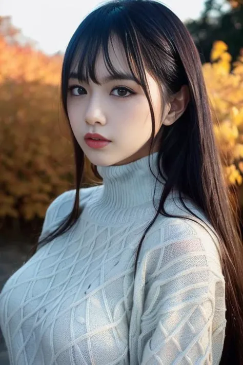 (Highest quality, 8k, 32K, masterpiece, Ultra-high resolution:1.2),
((Face close-up:1.4))、Portraiture、
Cute Japanese Girl, (Huge breasts:1.3), Long black hair, bangs, Bulging lips、
(White turtleneck sweater), Tight waist, (Outdoor, garden, blue sky),