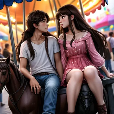 couple sitting in carousel,
BREAK
 1boy, brown skin, long hair, dark hair
BREAK
1girl, Asian, very long hair, dark hair, 
4k, 8k, absurdres,