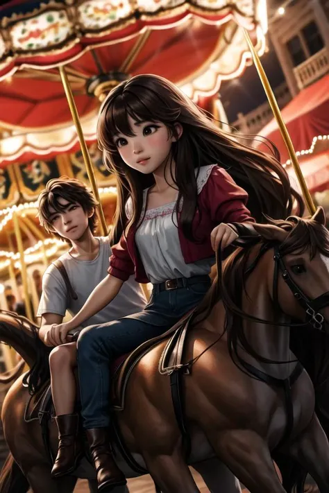 couple sitting in carousel,
BREAK
 1boy, brown skin, long hair, dark hair
BREAK
1girl, Asian, very long hair, dark hair, 
4k, 8k, absurdres,