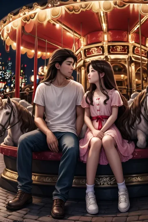 couple sitting in carousel,
BREAK
 1boy, brown skin, long hair, dark hair
BREAK
1girl, Asian, very long hair, dark hair, 
4k, 8k, absurdres,