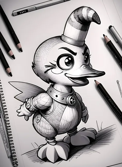 Punk rock duck detailed sketch art in the style of Tony Diterlizzi, Cross hatching, Strong facial expression, cartoon, pencil art, Low angle view, perspective