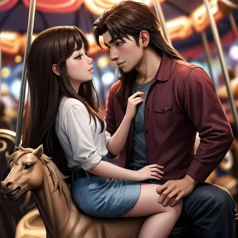 couple sitting in carousel,
BREAK
 1boy, brown skin, long hair, dark hair
BREAK
1girl, Asian, very long hair, dark hair, 
4k, 8k, absurdres,