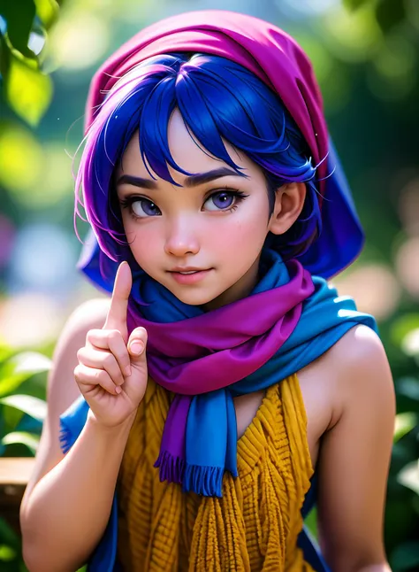 A girl pointing to her eyes in a blue head scarf, in the style of intense color saturation, martin rak, mark keathley, macro lens, dark white and light magenta, intense coloration, art of burma