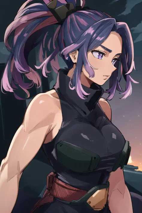 ((masterpiece, high quality, best quality, highres, ultra-detailed, 8k:1.4)), Kaina, 1girl, solo, medium breasts, hair ornament, holding, upper body, weapon, parted lips, sleeveless, holding weapon, from side, gun, profile, holding gun, smoke, purple theme, black bodysuit,  high ponytail, purple sky, clouds, volumetric lights, dynamic pose, dynamic angle, light particles, wind, white pupils, purple eyes, <lora:Lady-10:1>