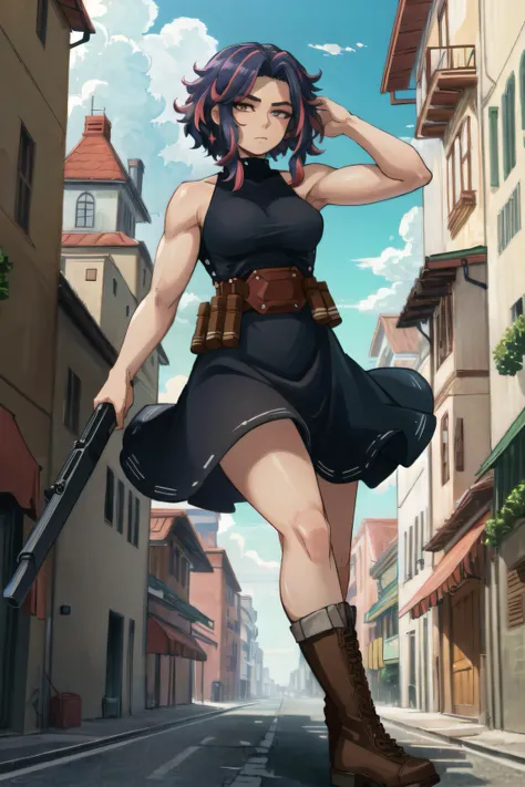 ((masterpiece, high quality, best quality, highres, ultra-detailed, 8k:1.4)), lady nagant, 1girl, solo, breasts, looking at viewer, skirt, large breasts, red eyes, dress, holding, hair between eyes, bare shoulders, closed mouth, weapon, boots, sleeveless, belt, black skirt, medium hair, holding weapon, gun, holding gun, muscular female, terrace, skyscraper, <lora:Lady-10:1>
