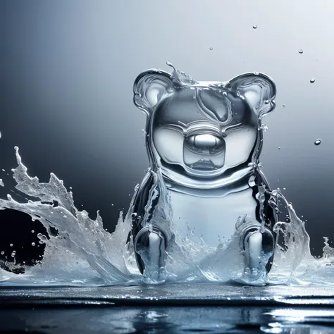 a (watercd:1.2, brightness, transparent:1.3) bear, (solo:1.2), sitting, water drop, dropping, <lora:watercd-000010:0.8>, no humans, high quality, masterpiece, realistic, photorealistic, (outdoors, on the surface of the water, the water splashed in all directions, full  body, close-up),