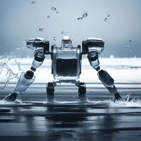 a (watercd:1.2, brightness, transparent:1.3) armed mech droids, (robot:1.1), (abstract:1.3), (solo:1.2), standing, water drop, dropping, <lora:watercd-000010:0.5>, no humans, high quality, masterpiece, realistic, photorealistic, (outdoors, on the surface of the water, the water splashed in all directions, full body, close-up),