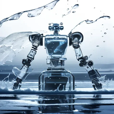 a (watercd:1.2, brightness, transparent:1.3) armed mech droids, (robot:1.1), (abstract:1.3), (solo:1.2), standing, water drop, dropping, <lora:watercd-000013:0.7>, no humans, high quality, masterpiece, realistic, photorealistic, (outdoors, on the surface of the water, the water splashed in all directions, full  body, close-up),