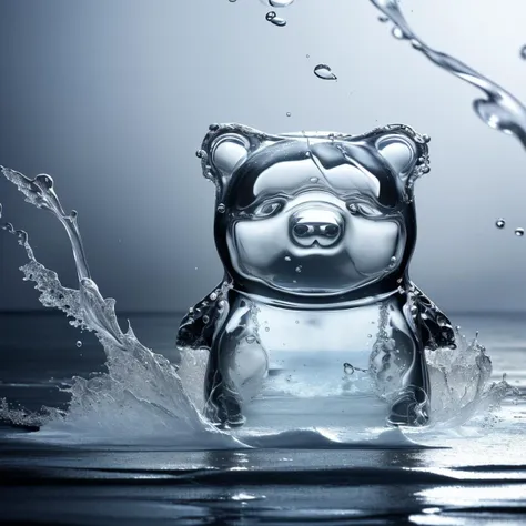 a (watercd:1.2, brightness, transparent:1.3) bear, (solo:1.2), sitting, water drop, dropping, <lora:watercd-000013:0.6>, no humans, high quality, masterpiece, realistic, photorealistic, (outdoors, on the surface of the water, the water splashed in all directions, full  body, close-up),