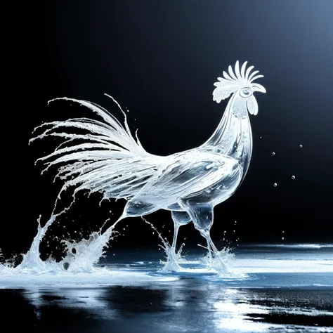 a (watercd:1.2, brightness, transparent:1.3) rooster, (solo:1.2), standing, water drop, dropping, <lora:watercd-000013:0.7>, no humans, high quality, masterpiece, realistic, photorealistic, (outdoors, on the surface of the water, the water splashed in all directions, full  body),