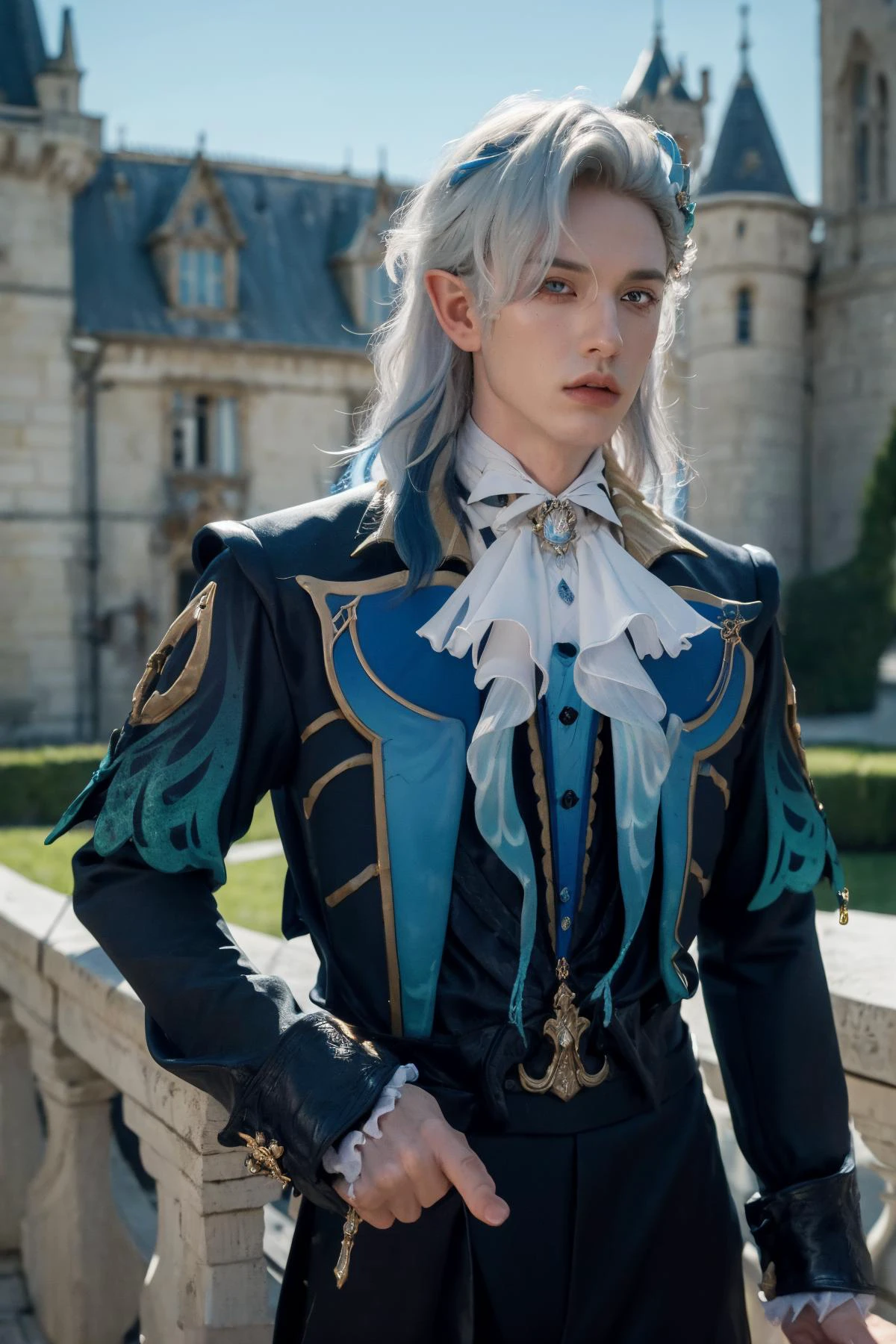 (Best Quality, Masterpiece:1.4), (Realism:1.2), (Realisitc:1.2), (Absurdres:1.2), (photorealistic:1.3), Realistic Skin,Solo,( Very Big Eyes,beautiful detailed eyes, symmetric eyes,), ((cowboy shot)), 1boy, neuvillette, long hair, blue hair, white hair, multicolored hair, hair between eyes, pointy ears, hair ornament, black gloves, black pants, formal, long sleeves, upper body, french medieval castle background <lora:Neuvillette:1>
