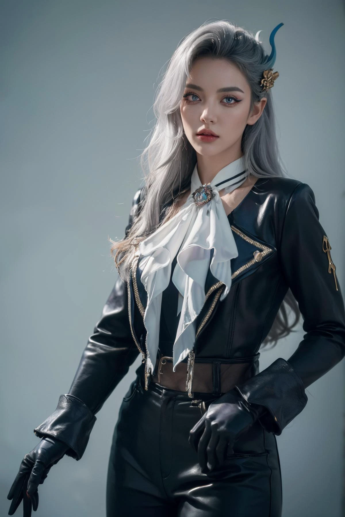 (Best Quality, Masterpiece:1.4), (Realism:1.2), (Realisitc:1.2), (Absurdres:1.2), (photorealistic:1.3), Realistic Skin,Solo,( Very Big Eyes,beautiful detailed eyes, symmetric eyes,), ((cowboy shot)), 1girl, Neuvillette, long hair, grey hair, multicolored hair, hair ornament, purple eyes, jewelry, ascot, long sleeves, gloves, black pants, <lora:Neuvillette:0.7>,
