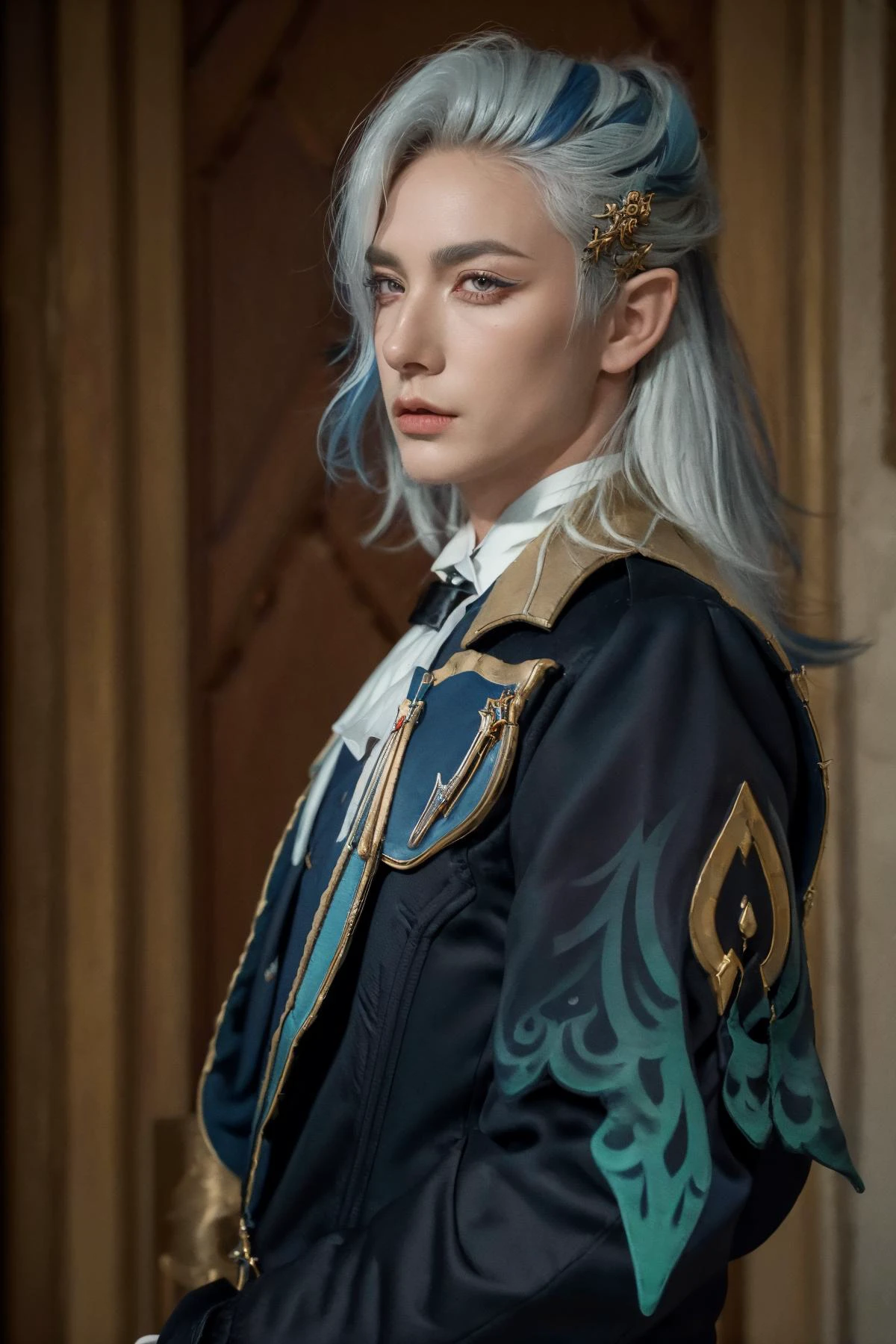 (Best Quality, Masterpiece:1.4), (Realism:1.2), (Realisitc:1.2), (Absurdres:1.2), (photorealistic:1.3), Realistic Skin,Solo,( Very Big Eyes,beautiful detailed eyes, symmetric eyes,), ((cowboy shot)), 1boy, neuvillette, long hair, blue hair, white hair, multicolored hair, hair between eyes, pointy ears, hair ornament, black gloves, black pants, formal, long sleeves, upper body, french medieval castle background <lora:Neuvillette:1>