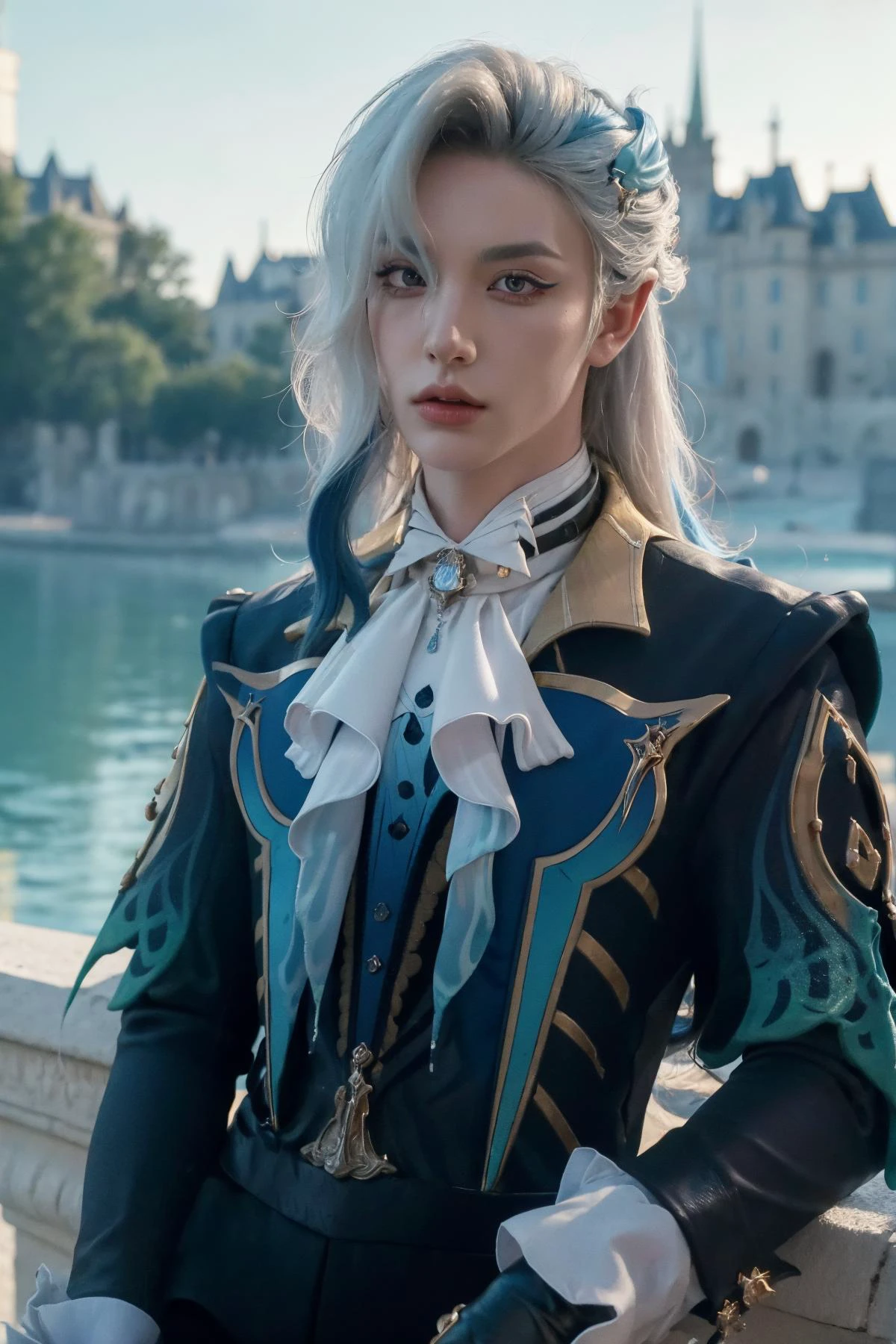 (Best Quality, Masterpiece:1.4), (Realism:1.2), (Realisitc:1.2), (Absurdres:1.2), (photorealistic:1.3), Realistic Skin,Solo,( Very Big Eyes,beautiful detailed eyes, symmetric eyes,), ((cowboy shot)), 1boy, neuvillette, long hair, blue hair, white hair, multicolored hair, hair between eyes, pointy ears, hair ornament, black gloves, black pants, formal, long sleeves, upper body, french medieval castle background <lora:Neuvillette:1>