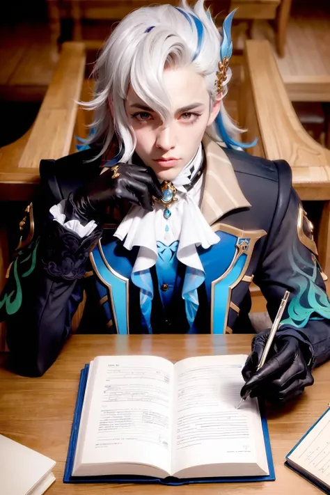 masterpiece, best quality, <lora:Neuvillette:1>,Neuvillette, male focus, 1boy, multicolored hair, solo, gloves, blue hair, quill, looking at viewer, book, virtual youtuber, cup, long sleeves, black gloves, hair ornament, table, sitting, bangs, streaked hair, grey hair, jacket, shirt, own hands together, hair between eyes, inkwell, white hair, teacup, ascot