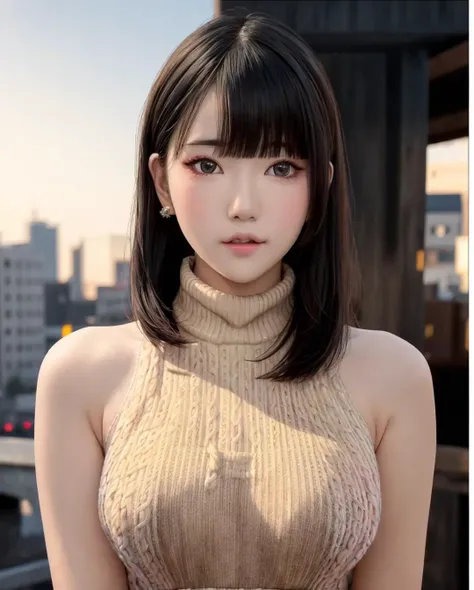 pureerosface_v1, best quality, photorealistic, 8k, high res, full color, 1girl, woman, 20 years old woman, (closed mouth:1.35), (skindentation), (portrait:0.6), ((cityscape background:1.52)), full color, ((highnecksweater:1.68)), straight-looking at viewer:1.8, (1girl eyes looking at viewer:1.55), (medium-length hair, blackhair, partedbangs:1.45), (bokeh), <lora:CBAV-MOII:0.65>