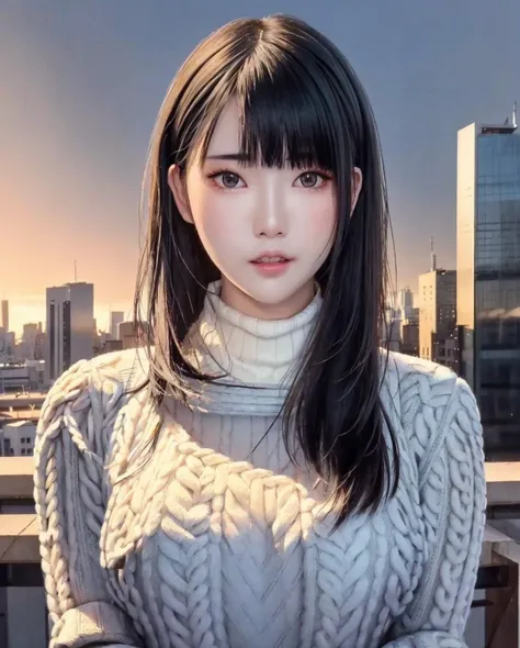 pureerosface_v1, best quality, photorealistic, 8k, high res, full color, 1girl, woman, 20 years old woman, closed mouth, (skindentation), (portrait:0.6), skyscraper, tall building, daylight, ((cityscape background:1.52)), full color, ((highnecksweater:1.68)), straight-looking at viewer:1.8, (1girl eyes looking at viewer:1.55), (medium-length hair, blackhair, partedbangs:1.45), (bokeh), <lora:CBAV-MOII:0.7>
