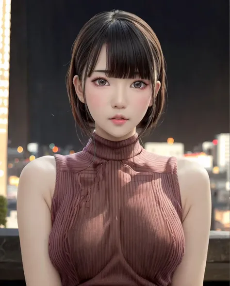 pureerosface_v1, best quality, photorealistic, 8k, high res, full color, 1girl, woman, 20 years old woman, (closed mouth:1.435), (skindentation), (portrait:0.6), ((cityscape background:1.52)), full color, ((highnecksweater:1.68)), straight-looking at viewer:1.8, (1girl eyes looking at viewer:1.55), (medium-length hair, blackhair, partedbangs:1.45), (bokeh), <lora:CBAV-MOII:0.65>
