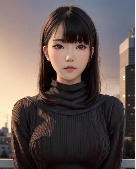 pureerosface_v1, best quality, photorealistic, 8k, high res, full color, 1girl, woman, 20 years old woman, (closed mouth:1.35), (skindentation), (portrait:0.6), ((cityscape background:1.52)), full color, ((highnecksweater:1.68)), straight-looking at viewer:1.8, (1girl eyes looking at viewer:1.55), (medium-length hair, blackhair, partedbangs:1.45), (bokeh), <lora:CBAV-MOII:0.65>