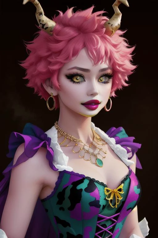 8k, masterpiece, high res, 4k, best quality, beautiful face, detailed face, ultra-detailed, upright, ((head shot, face focus, close up face shot), open eyes, (looking at viewer, facing viewer)), 1girl, solo, black background, gradient hair, highlights, hoop earrings, female, BREAK, lime green lips, parted lips, (seductive smile), makeup,long red nails, gothic clothes <lora:victorian_dress-SD-2.0:.7> wearing a purple and turquoise with camouflage pattern dress, (victorian dress), layered dress, bustle, gothic dress, jewelry, large breasts, <lora:minaashido:1>, MINA ASHIDO, hero costume, yellow horns, black sclera, yellow eyes, (purple and turquoise with camouflage pattern) necklace,<lora:ColoredLipstick:1> (lipstick, lime green lipstick), <lora:fakelips_1:1> lip filler, <lora:horikoshi_kouhei-000030:.5> horikoshi kouhei, green eyeshadow, eyeliner, mascara, long eyelashes,