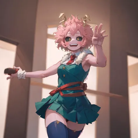 (masterpiece, best quality:1.1), mina ashido, blushing, smile, excited, teeth, yellow dress, fur-trimmed_dress, red_necktie, blue_thighhighs, dancing, <lora:minaAshidoMyHero_v10:1>, <lora:horikoshiKouheiMHA_horikoshiKouhei1518it:1>