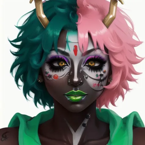 (masterpiece), (high res), 4k, ((best quality)), beautiful face, detailed face, ultra-detailed, portrait, ((((head shot, face focus, lip focus, close up face shot, straight on, ))), wide eyes, open eyes, (looking at viewer, facing viewer)), 1girl, solo, white background,<lora:minaashido:1>, MINA ASHIDO, (turquoise hair with purple tips), yellow horns, ((black sclera)), (colored skin, jet-black skin, dark skin, Yamanba dark-skinned female, shiny skin, metallic tan, makeup, green eyeshadow, (white facepaint makeup), facial mark, face stickers, piercings, tattoos)), (large smile, dark pink lips, ((<lora:ColoredLipstick:1> (lipstick, glossy lips, green lipstick))), <lora:retromanba:.6> <lora:ManbaSD1_5_Baaki:.75>