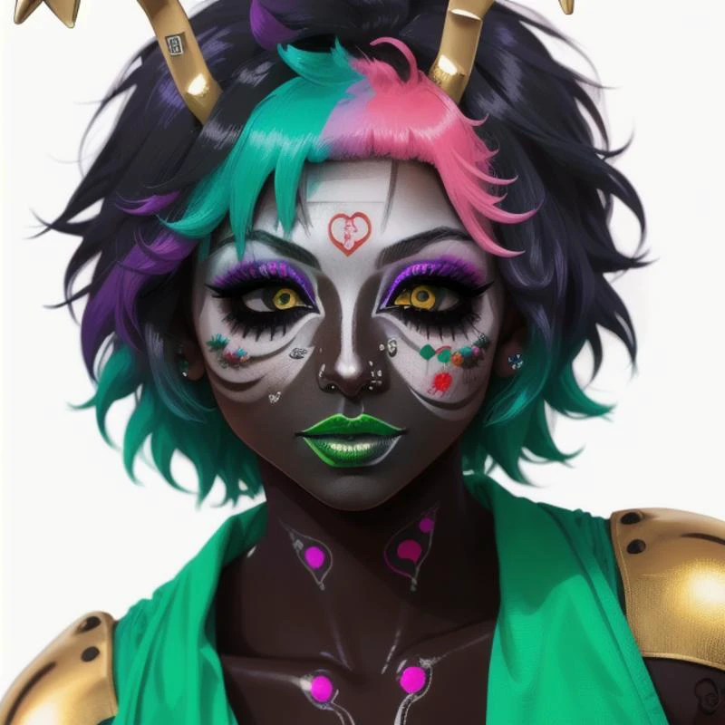 (masterpiece), (high res), 4k, ((best quality)), beautiful face, detailed face, ultra-detailed, portrait, ((((head shot, face focus, lip focus, close up face shot, straight on, ))), wide eyes, open eyes, (looking at viewer, facing viewer)), 1girl, solo, white background,<lora:minaashido:1>, MINA ASHIDO, (turquoise hair with purple tips), yellow horns, ((black sclera)), (colored skin, jet-black skin, dark skin, Yamanba dark-skinned female, shiny skin, metallic tan, makeup, green eyeshadow, (white facepaint makeup), facial mark, face stickers, piercings, tattoos)), (large smile, dark pink lips, ((<lora:ColoredLipstick:1> (lipstick, glossy lips, green lipstick))), <lora:retromanba:.6> <lora:ManbaSD1_5_Baaki:.75>