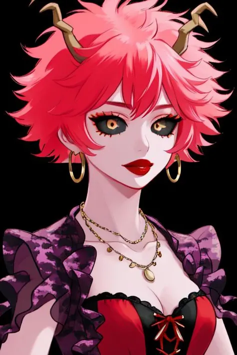 masterpiece, high res, 4k, best quality, beautiful face, detailed face, ultra-detailed, upright, ((head shot, face focus, close up face shot), open eyes, (looking at viewer, facing viewer)), 1girl, solo, black background, gradient hair, highlights, hoop earrings, female, BREAK, red lips, parted lips, (seductive smile), makeup,long red nails, gothic clothes <lora:victorian_dress-SD-2.0:.7> wearing a purple and turquoise with camouflage pattern dress, (victorian dress), layered dress, bustle, gothic dress, jewelry, large breasts, <lora:minaashido:1>, MINA ASHIDO, hero costume, yellow horns, black sclera, (purple and turquoise with camouflage pattern) necklace,<lora:ColoredLipstick:1> (lipstick, red lipstick), <lora:fakelips_1:1> lip filler, <lora:horikoshi_kouhei-000030:.5> horikoshi kouhei, green eyeshadow, eyeliner, mascara, long eyelashes, red eyes