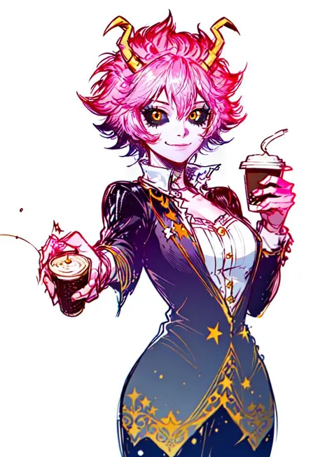 ((best quality)), ((highly detailed)), masterpiece, absurdres, (detailed eyes, deep eyes), (1girl), Perspective control, dynamic pose, cowboy shot, <lora:minaAshidoMyHero_v10:.8>, Mina Ashido, yellow eyes, black sclera, short hair, pink hair, smirk, suit, (in a cafe, coffee, midnight, night sky, stars, moonbeam), <lora:Final_Fantasy_Logo_style:1>, white background