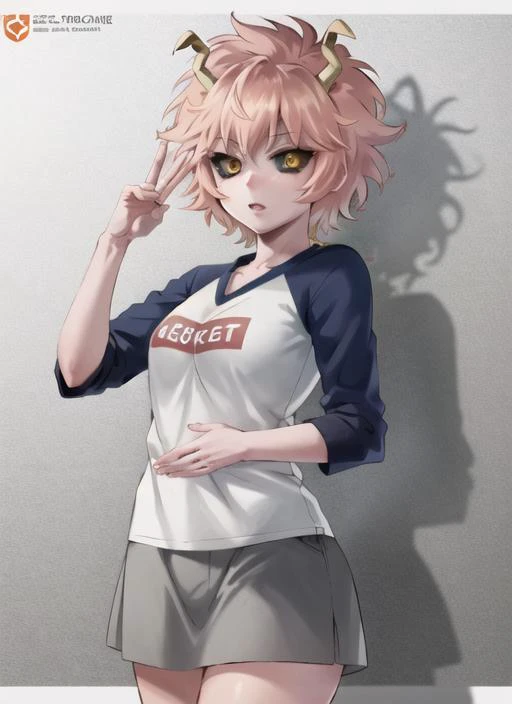 ((best quality)), ((highly detailed)), masterpiece, ((official art)), (detailed eyes, deep eyes), (1girl), <lora:SugoiDekai_Shirt:1>, outfit-UT,T-shirt, <lora:minaAshidoMyHero_v10:.8>, Ashido Mina, yellow eyes, black sclera, schoolgirl