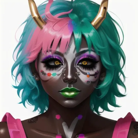 (masterpiece), (high res), 4k, ((best quality)), beautiful face, detailed face, ultra-detailed, portrait, ((((head shot, face focus, lip focus, close up face shot, straight on, ))), wide eyes, open eyes, (looking at viewer, facing viewer)), 1girl, solo, white background,<lora:minaashido:1>, MINA ASHIDO, (turquoise hair with purple tips), yellow horns, ((black sclera)), (colored skin, jet-black skin, dark skin, Yamanba dark-skinned female, shiny skin, metallic tan, makeup, green eyeshadow, (white facepaint makeup), facial mark, face stickers, piercings, tattoos)), (large smile, dark pink lips, ((<lora:ColoredLipstick:1> (lipstick, glossy lips, green lipstick))), <lora:retromanba:.6> <lora:ManbaSD1_5_Baaki:.75>