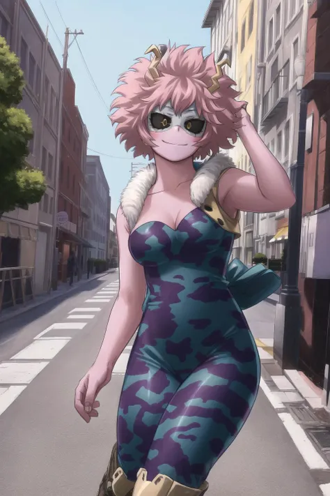 masterpiece, best quality, high quality, highres, mina ashido, boku no hero academia, 1girl, smile, solo, day, realistic shadows, light blush, medium breasts, pink hair, pink skin, (black sclerae:1), (yellow irises:1), collarbone,
hero outfit, (plain white mask, eyes covered), (skin-tight bodysuit, purple and turquoise with camouflage pattern), strapless, sleeveless, (sleeveless waistcoat, tan, fur collar), bare arms, bare shoulders , brown boots,
full body, outdoor, street view, crowded, cowboy shot,
<lora:minaashido:1>, <lora:horikoshi-kouhei-1518it-novae:1>,
