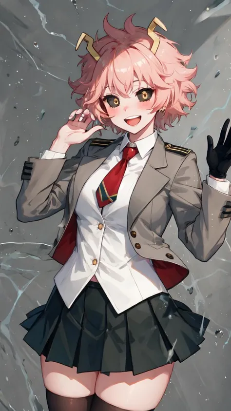 lumen reflections, natural lighting, evocative, triadic color scheme, cowboy shot, elegant, voluptuous:0.6, looking at viewer, 1girl, female, solo, blush, open mouth, smile, teeth, sfw, <lora:minaashido:1>, mina ashido, jacket, grey jacket, tie, red tie, skirt, green skirt, pleated skirt, socks, black socks, knee high socks
