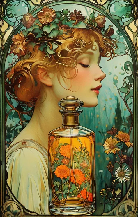 masterpiece,best quality,<lora:tbh200-sdxl:0.9>,illustration,style of style of Alphonse Mucha A bottle of perfume in garden