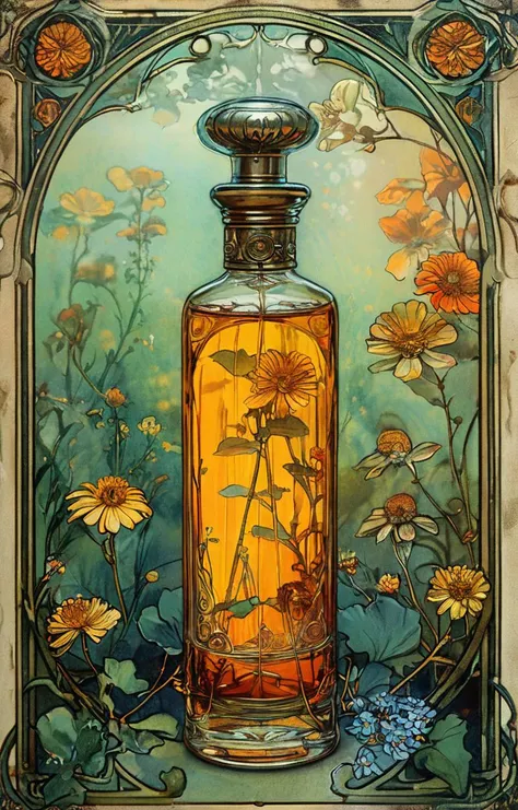 masterpiece,best quality,<lora:tbh200-sdxl:0.9>,illustration,style of style of Alphonse Mucha A bottle of perfume in garden