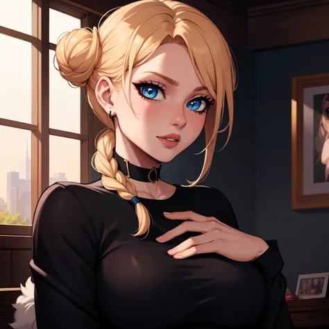 Best_QualityPos, RAW photo, intricate details, best quality, 8k uhd, soft lighting, 1girl, solo, blue eyes, black shirt, Violet, Braided bun, French braid, Matt