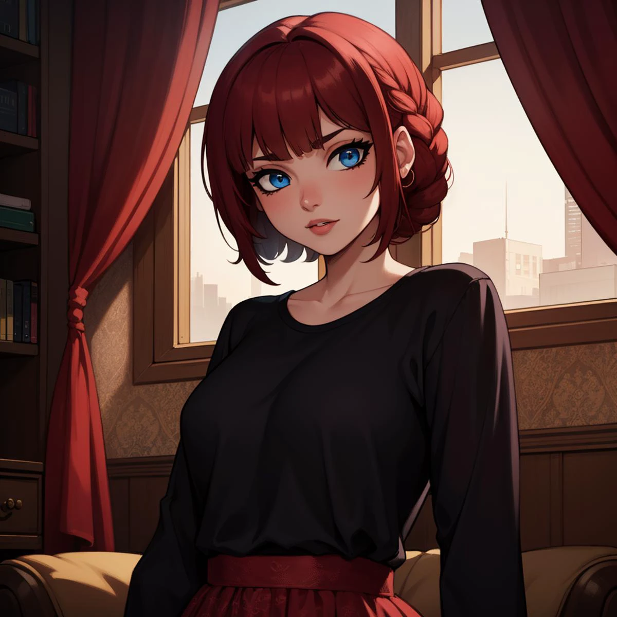 Best_QualityPos, RAW photo, intricate details, best quality, 8k uhd, soft lighting, 1girl, solo, blue eyes, black shirt, Light Red, Curtain bangs, Razor-cut layers, Twists