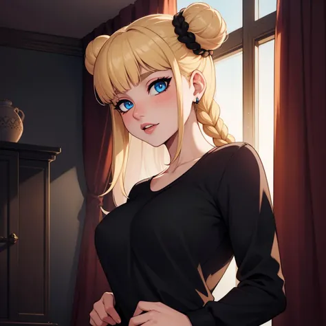 Best_QualityPos, RAW photo, intricate details, best quality, 8k uhd, soft lighting, 1girl, solo, blue eyes, black shirt, Blonde, Bun with braids, Curtain bangs, Lustrous
