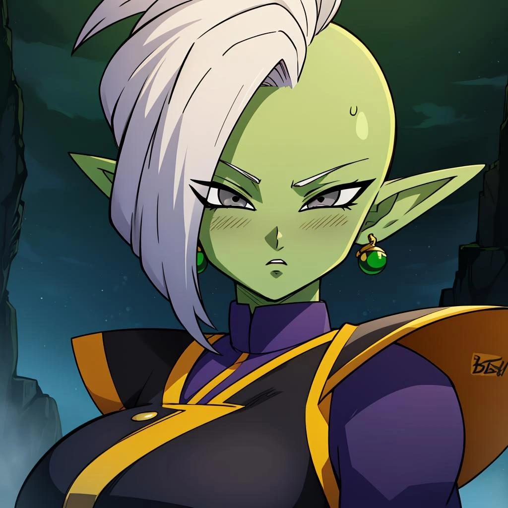 Best_QualityPos, RAW photo, intricate details, best quality, 8k uhd, soft lighting, solo, 1girl, large breasts, blush, colored skin, green skin, mohawk, white hair, grey eyes, single earring, green earring <lora:Zamasu:0.7>