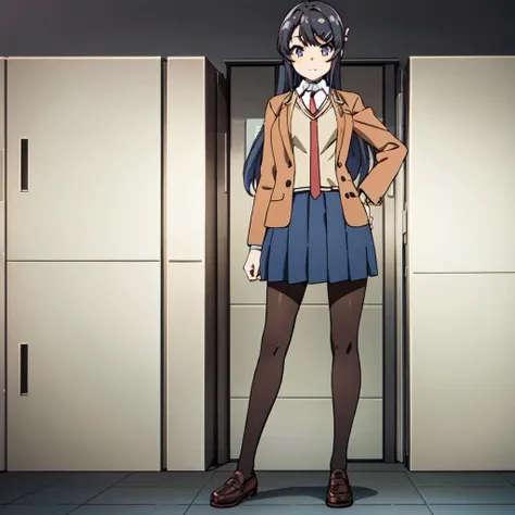 sakurajima mai, mai-san, <lora:mai:0.7>, masterpiece, high quality, 1girl, solo, long hair, looking at viewer, blush, smile, skirt, simple background, shirt, black hair, hair ornament, long sleeves, white background, closed mouth, school uniform, standing, purple eyes, jacket, full body, white shirt, pantyhose, pleated skirt, necktie, shoes, hairclip, collared shirt, blue skirt, hand on hip, black pantyhose, brown footwear, blazer, red necktie, loafers, brown jacket, rabbit hair ornament